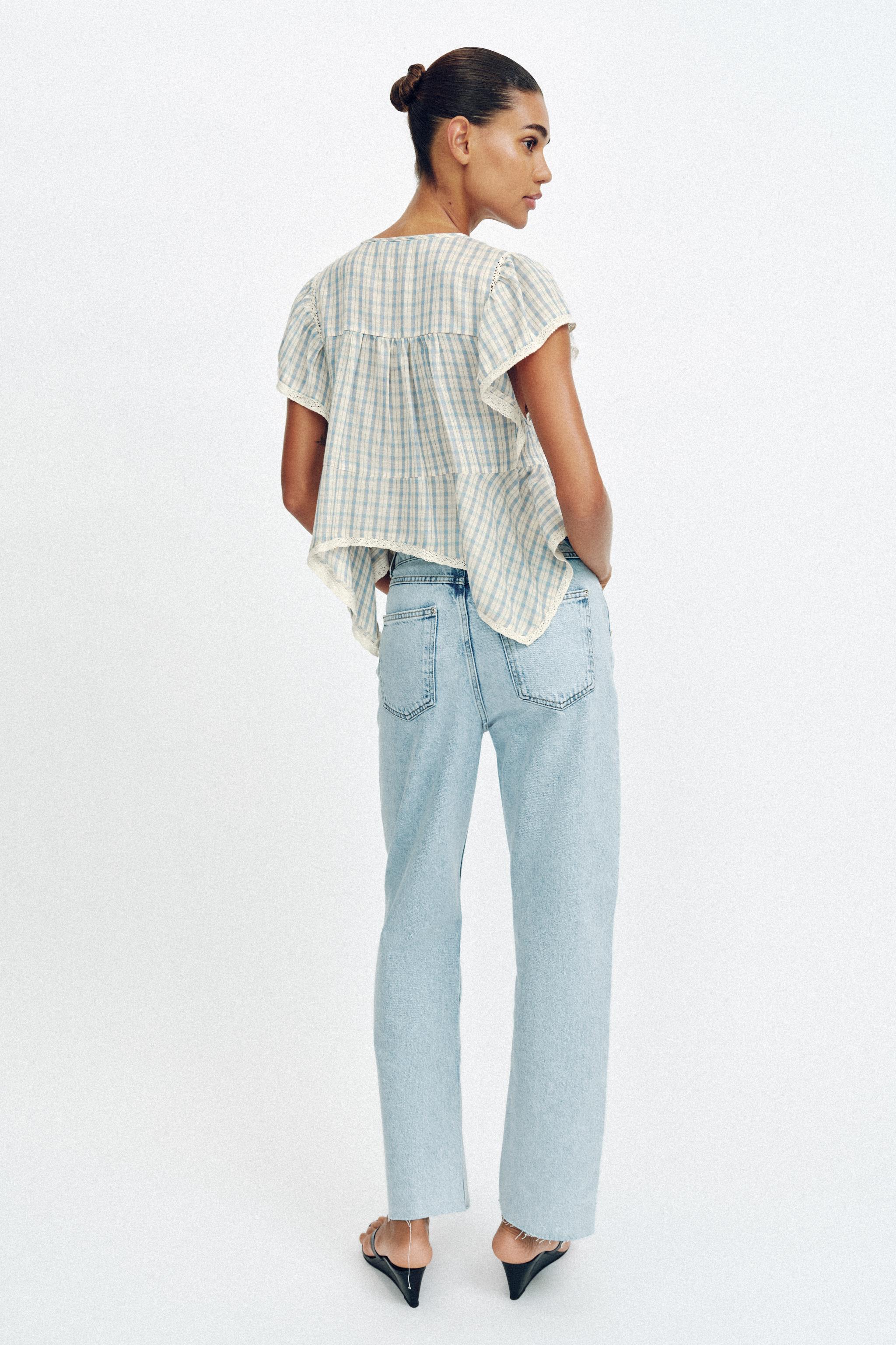 EMBROIDERED PLAID LACE INSERT TOP